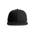 A black cap with a flat brim and a structured design, featuring a logo on the front.