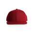 A red cap featuring a flat brim and a structured design, complete with a logo.