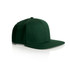 A green cap with a flat brim and a logo, featuring a structured design and six panels.