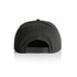 A black cap featuring a flat brim and snapback closure at the back. Includes a logo on the side.
