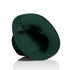 A green bucket hat with a wide brim and a smooth interior lining. The hat features a logo on the side.