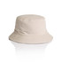 A beige bucket hat with a wide brim and a simple design. It features a label on the side.