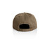 A brown cap featuring a fabric strap and an opening at the back. It has a logo on the back.