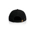 A black cord cap featuring a branded logo on the back and an adjustable strap.