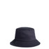 A dark navy bucket hat with a wide brim and a textured finish, featuring a small logo.