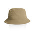 A beige nylon bucket hat with a wide brim and textured surface, featuring a logo.
