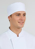 A white mesh flat top hat worn by a smiling male model in a white chef's uniform. The hat has a simple design and branding.