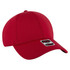 A red six-panel low profile baseball cap with a logo on the front.
