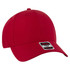 A red low profile baseball cap with six panels and a logo on the front.
