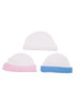 Three baby caps in white, pink, and blue, featuring a soft, stretchy design. Each cap has a branded logo.