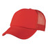 A red foam mesh trucker cap featuring a solid front and mesh back, complete with a logo.