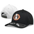 A black cap with a logo on the front and a white underside. The back features a snap closure.