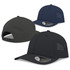 Three caps featuring a structured design in black and navy, with perforated panels and a logo on the front.
