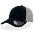 A black and grey cap featuring a structured design and a logo on the side.