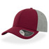 A maroon and grey cap with a mid visor and a logo on the side.