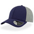 A navy and grey cap featuring a mid visor and a logo on the side.