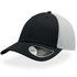 A black cap with a grey mesh back, featuring a mid visor and a logo on the side.