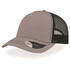 A beige cap with a black mesh back and a mid visor, featuring a logo on the side.