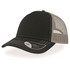 A black cap with a mesh back, featuring a curved peak and a logo on the side.