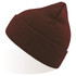 A maroon beanie with a ribbed texture and a tapered top, featuring a small logo on the side.