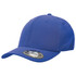 A blue cap with a curved brim, featuring a logo on the side and a smooth fabric finish.