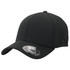 A black cap featuring a curved brim and a fitted design, with a logo on the side.