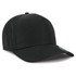 A black cap with a curved brim and a logo on the front. Features a structured design and a smooth fabric finish.