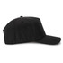 A black cap with a curved peak, featuring a simple design and a logo on the front.