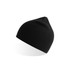 A black beanie, featuring a snug fit with a slightly pointed top, includes a logo on the side.