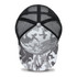 A grey and white camo trucker cap featuring a mesh back and a curved brim. It includes a logo on the front.