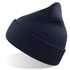 A blue beanie made from recycled polyester with a ribbed texture and a pointed top. It features a branding logo.