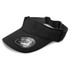 A black sports visor with a wide brim and an adjustable strap, featuring a logo on the front.