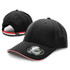 A black cap with a curved brim and a sporty design, featuring a logo and a contrasting band at the back.