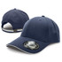 A navy blue cap with a curved brim and adjustable strap at the back, featuring a logo on the front.