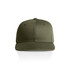 An olive green cap with a flat brim and six-panel design, featuring a logo on the front.