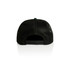 A black trucker cap featuring a mesh back and an adjustable strap, showcasing a simple design with no visible branding.