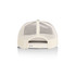 A trucker cap in white with a mesh back and an adjustable strap. Features a logo.