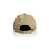 A tan five-panel cap featuring a rear adjustable strap and an interior lining, with a branding logo present.