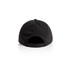 A black cap with a rounded back and an adjustable strap, featuring a logo.