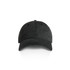 A black cap featuring a structured front panel and a curved brim, with a logo on the side.