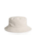 A cream-coloured bucket hat with a cord texture and a logo on the side.