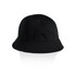A black bucket hat with a textured brim and a logo. Ideal for headwear collections.