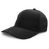 A black cap with a structured design and a curved brim. Features a logo on the side.