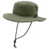 A green bucket hat with a wide brim and adjustable drawstring, featuring a logo on the side.