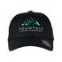 A black cap featuring an embroidered mountain design and a logo on the side.
