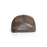 A brown mesh trucker cap featuring a adjustable snapback closure and a breathable mesh design.