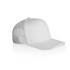 A white mesh trucker cap featuring a solid front panel and a mesh back, with a curved brim and a logo.
