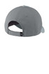 A grey cap featuring a logo, with an adjustable back strap and a rounded shape.