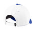 A white cap with blue accents featuring a branding logo on the back and a curved peak.