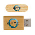 A bamboo USB flash drive with a removable cap, featuring a logo on the body.